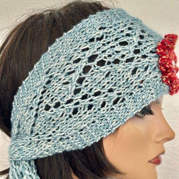 Hand Knits 2 Love Cotton Bandana Headband Scarf Lace Flower Beads Designer Sage - Picture 11 of 13